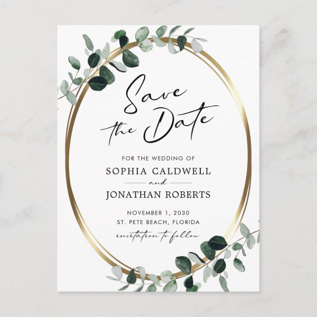 Eucalyptus Gold Modern Calligraphy Save the Date Announcement Postcard (Front)