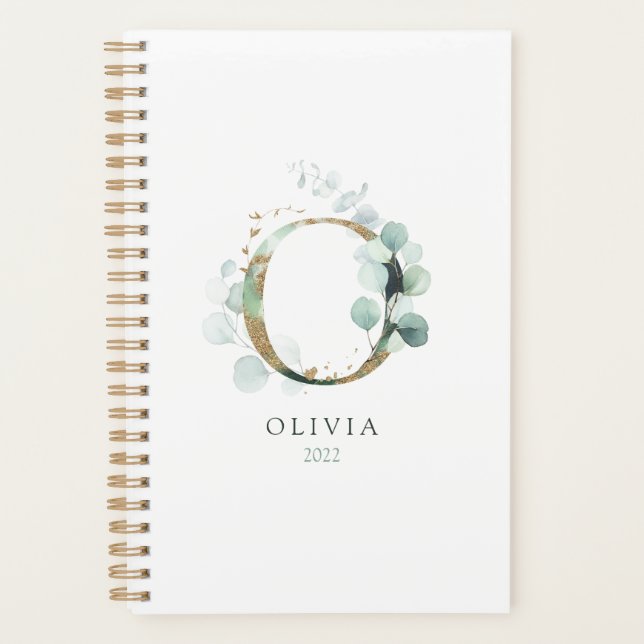 Eucalyptus Gold Monogram Initial O Floral Greenery Planner (Front)