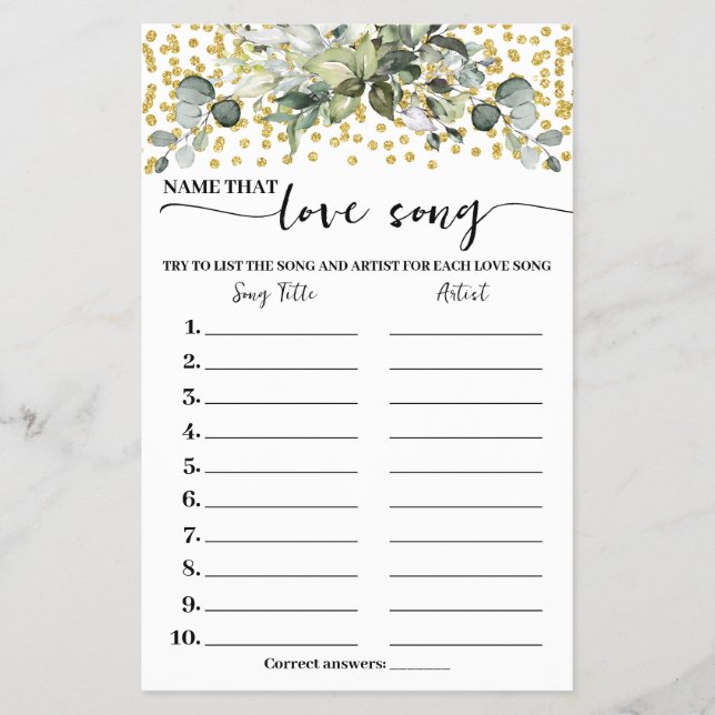 Eucalyptus Gold Name Love Song Shower Game Card (Front)