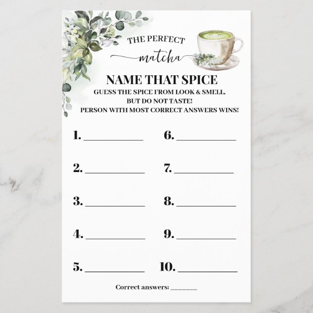 Eucalyptus Gold Name that Spice Shower Game Card (Front)