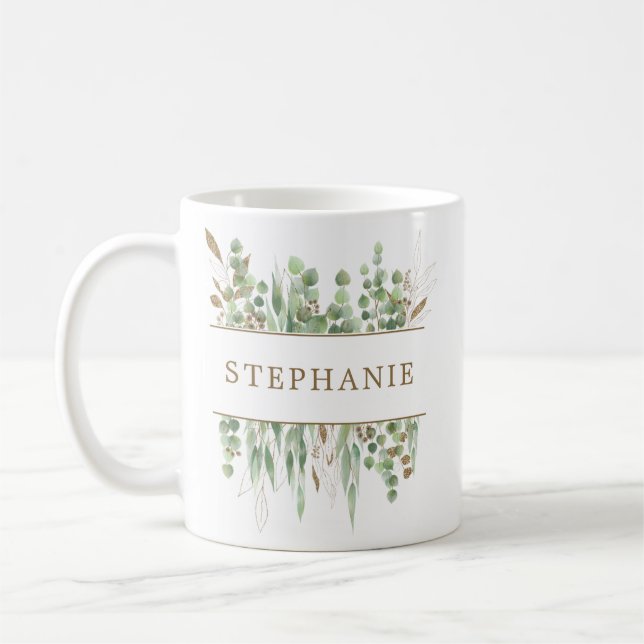 Eucalyptus Gold Personalized Bridesmaid Gifts Coffee Mug (Left)