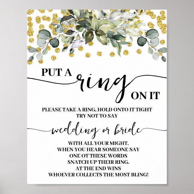 Eucalyptus Gold Put a Ring on it Shower Game Sign (Front)