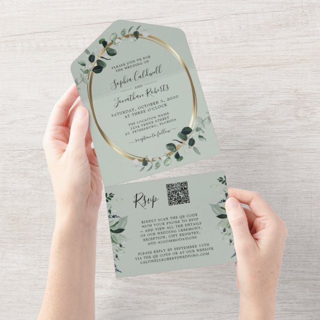 Eucalyptus Gold QR Code RSVP Sage Wedding All In One Invitation (Tearaway)