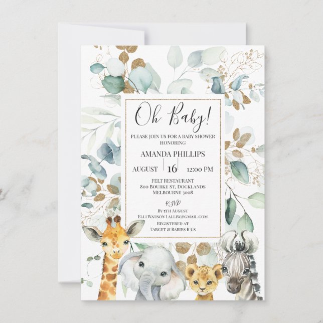 Eucalyptus Gold Safari Animals Baby Shower Invitation (Front)