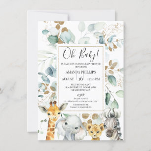 Eucalyptus Gold Safari Animals Baby Shower Invitation