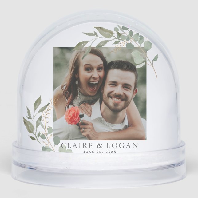 Eucalyptus Gold Sage Green Wedding Couple Snowglobe (Front)