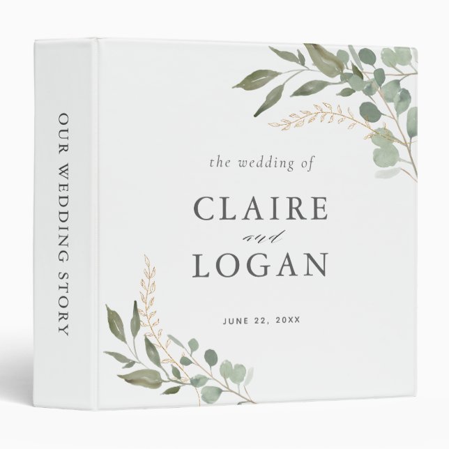 Eucalyptus Gold Sage Green Wedding Photo Album Binder (Front/Spine)