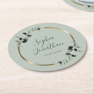 Eucalyptus Gold Sage Personalized Wedding Round Paper Coaster