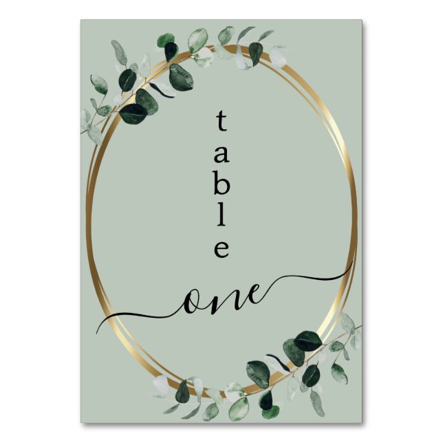 Eucalyptus Gold Sage Romantic Calligraphy Wedding Table Number (Front)