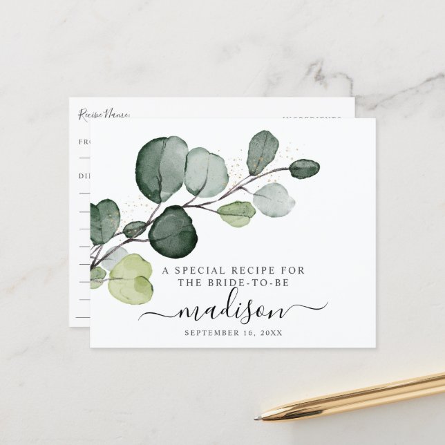Eucalyptus Gold Splatter Bridal Shower Recipe Card (Front/Back In Situ)