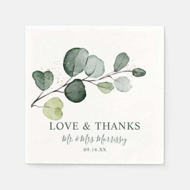 Eucalyptus Gold Splatter Love and Thanks Napkin (Front)