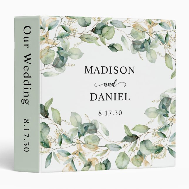 Eucalyptus Gold Watercolor Wedding  3 Ring Binder (Front/Spine)