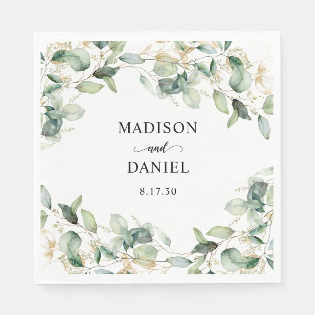 Eucalyptus Gold Watercolor Wedding Napkins (Front)