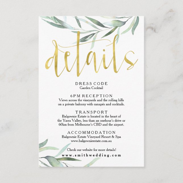 Eucalyptus Gold Wedding Details Card (Front)