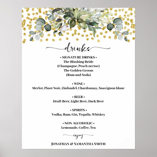 Eucalyptus Gold Wedding Drinks Menu Sign (Front)