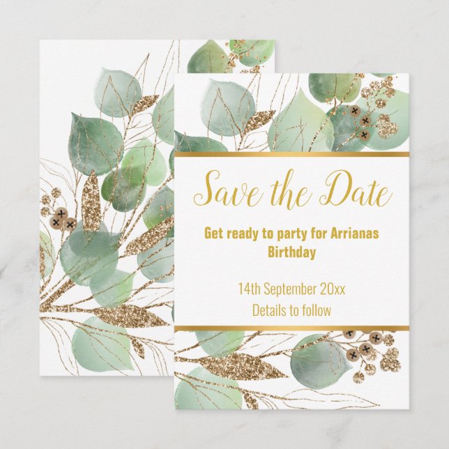 EUCALYPTUS GOLD WHITE RESPONSE RSVP 2 CARD (Front/Back)