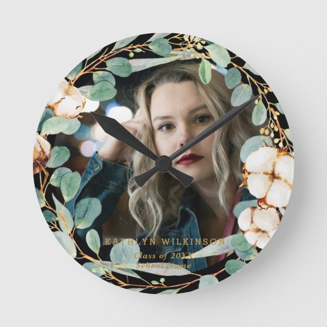 Eucalyptus Gold Wreath Custom Photo Graduation Round Clock (Front)