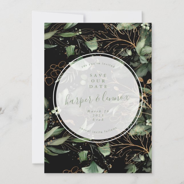 Eucalyptus Golden Boho Elegant Onyx Pampas Black S Save The Date (Front)