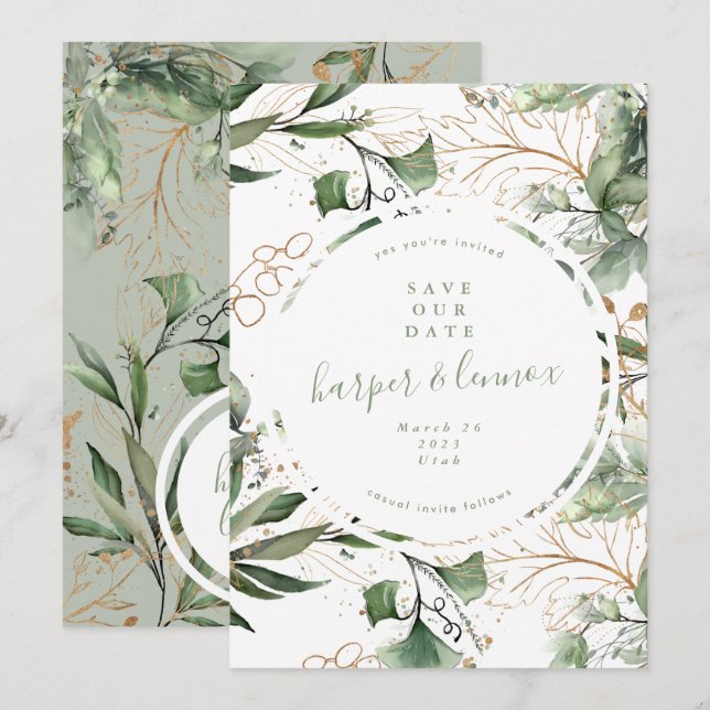 Eucalyptus Golden Boho Modern Fall Pampas Circle Save The Date (Front/Back)