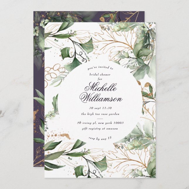 Eucalyptus Golden Boho Modern Pampas Bridal Shower Invitation (Front/Back)