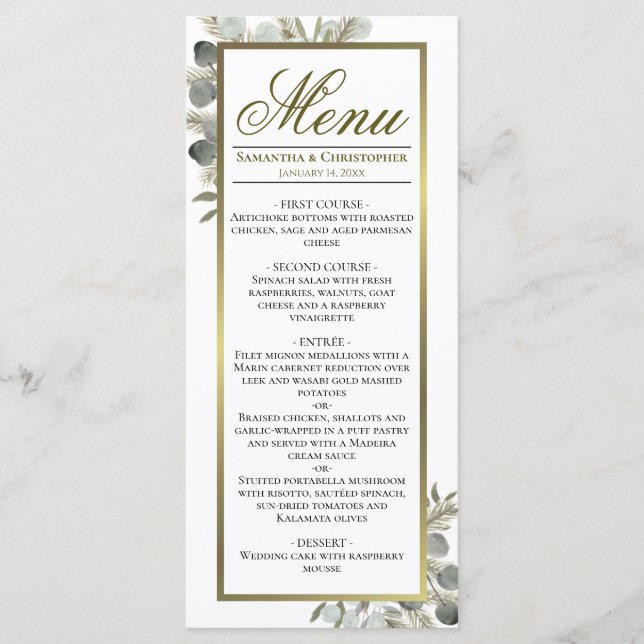 Eucalyptus & Golden Pine Elegant Wedding Menu (Front)