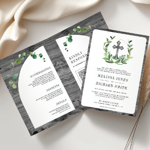 Eucalyptus Gray Wood Cross Catholic Wedding Invitation