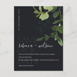 EUCALYPTUS GREEN BLACK WATERCOLOR SAVE THE DATE ANNOUNCEMENT POSTCARD