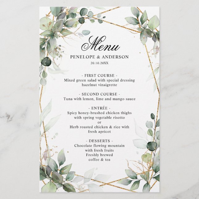 Eucalyptus Green Botanical Geometry Menu (Devant)