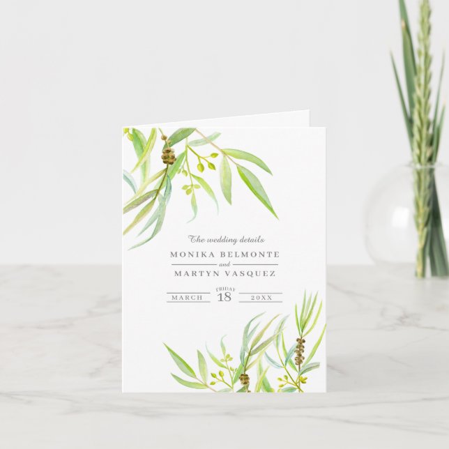Eucalyptus green details and map wedding enclosure invitation (Front)