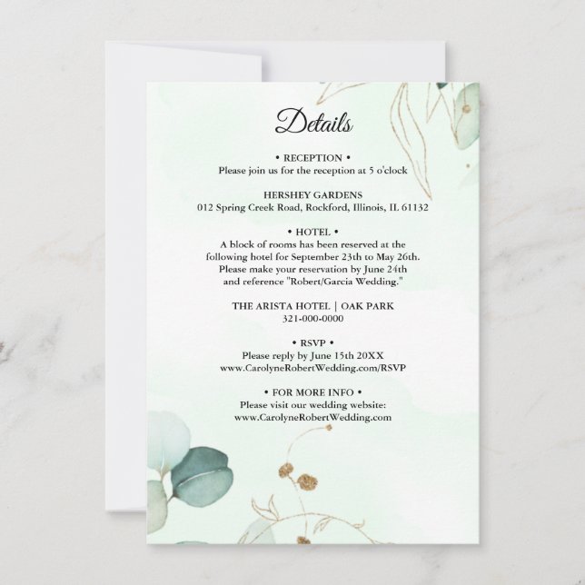 Eucalyptus Green Détails du Mariage Invitation (Devant)