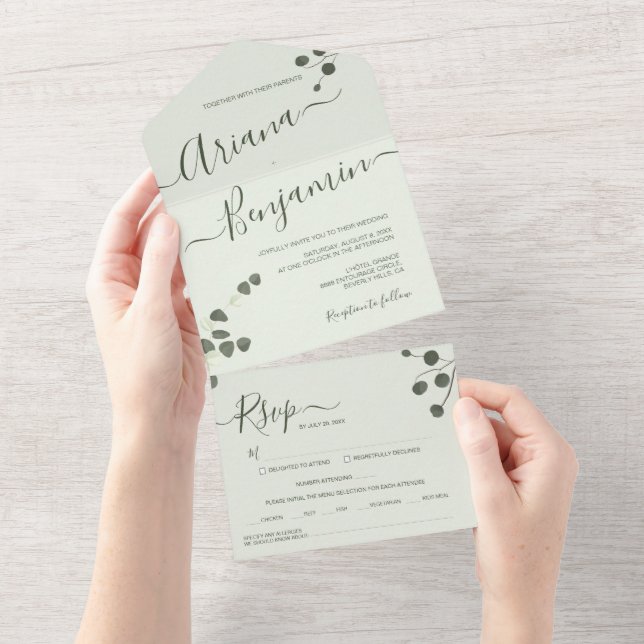 Eucalyptus green Elegant Name Script Modern All In One Invitation (Tearaway)