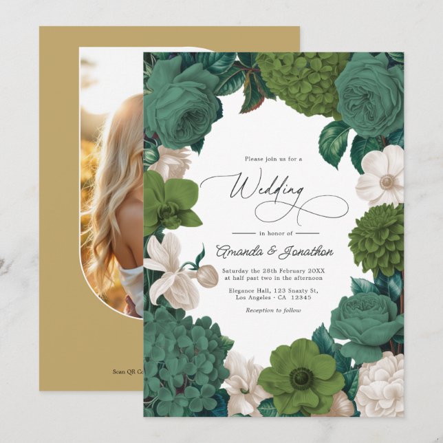 Eucalyptus Green, Fern Olive & Cream Line Wedding Invitation (Front/Back)
