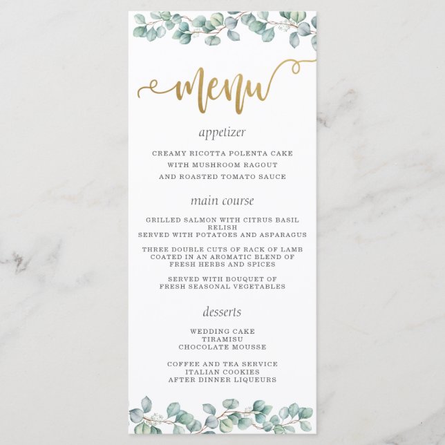 Eucalyptus Green Feuille Gold Mariage Menu (Devant)