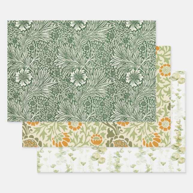 Eucalyptus Green Flowers Orange  Wrapping Paper Sheet (Set)