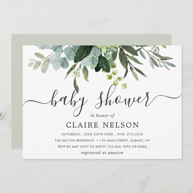 Eucalyptus Green Foliage Baby Shower Invitation (Front/Back)