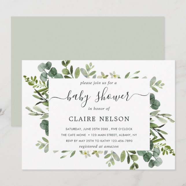 Eucalyptus Green Foliage Baby Shower Invitation (Front/Back)