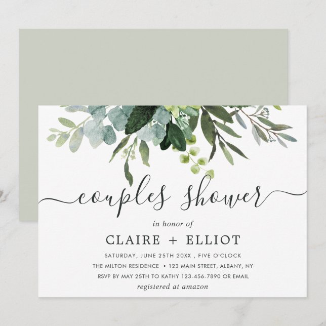 Eucalyptus Green Foliage Couples Shower Invitation (Front/Back)