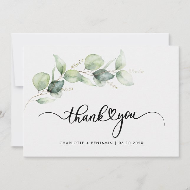Eucalyptus Green Foliage Handwritten Wedding Thank You Card (Front)