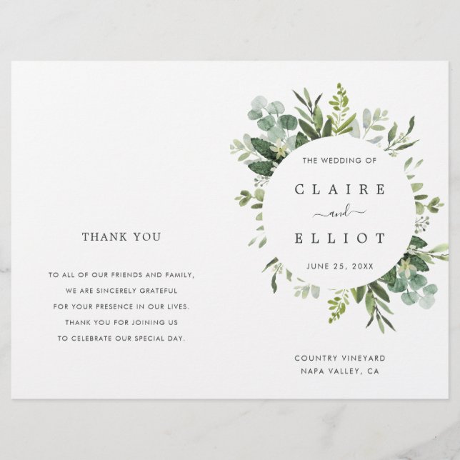 Eucalyptus Green Foliage Mariage programme de céré (Devant)
