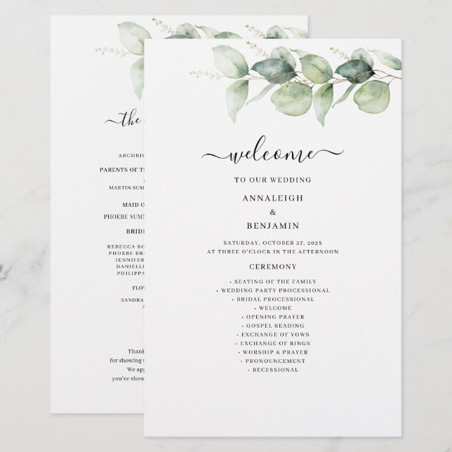 Eucalyptus Green Foliage Programme de mariage (Devant / Derrière)