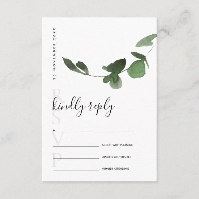 EUCALYPTUS GREEN FOLIAGE WATERCOLOR WEDDING RSVP ENCLOSURE CARD (Front)