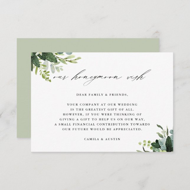 Eucalyptus Green Foliage Wedding Honeymoon Wish Enclosure Card (Front/Back)