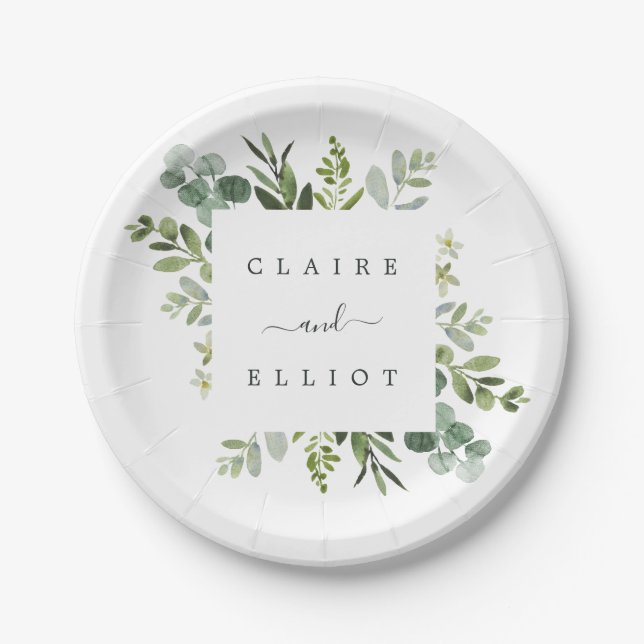 Eucalyptus Green Foliage Wedding Paper Plate (Front)