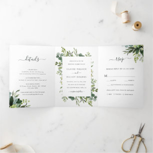 Eucalyptus Green Foliage Wedding Photo  Tri-Fold Invitation