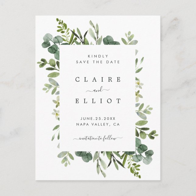 Eucalyptus Green Foliage Wedding Save the Date Announcement Postcard (Front)
