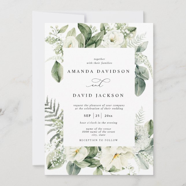 Eucalyptus Green Foliage White Floral Wedding Invitation (Front)