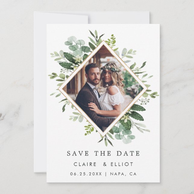 Eucalyptus Green Foliage Wreath Photo Save The Date (Front)