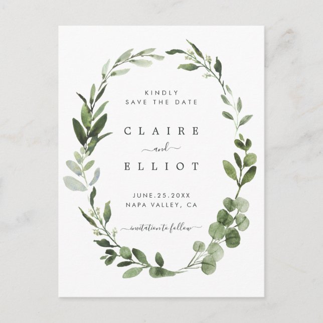 Eucalyptus Green Foliage Wreath Save the Date Announcement Postcard (Front)