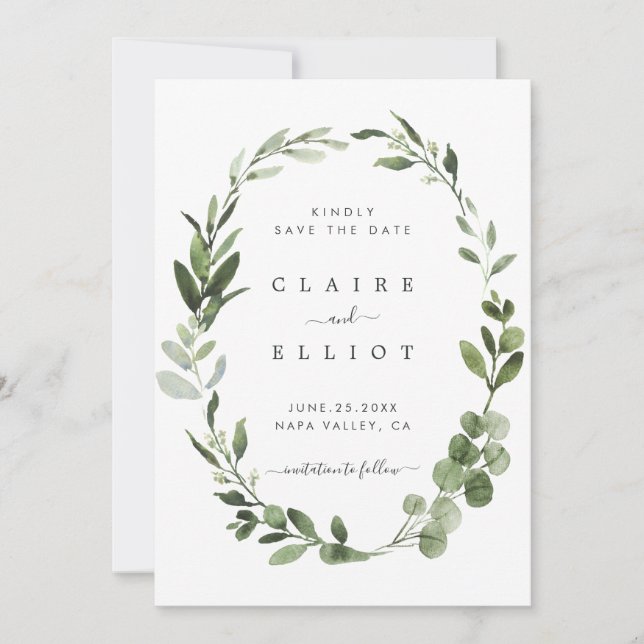 Eucalyptus Green Foliage Wreath Save the Date Card (Front)