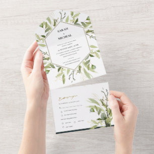 EUCALYPTUS GREEN GOLD FOLIAGE HEXAGONAL WEDDING  ALL IN ONE INVITATION
